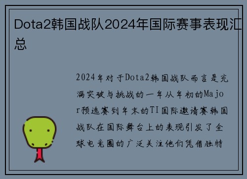 Dota2韩国战队2024年国际赛事表现汇总